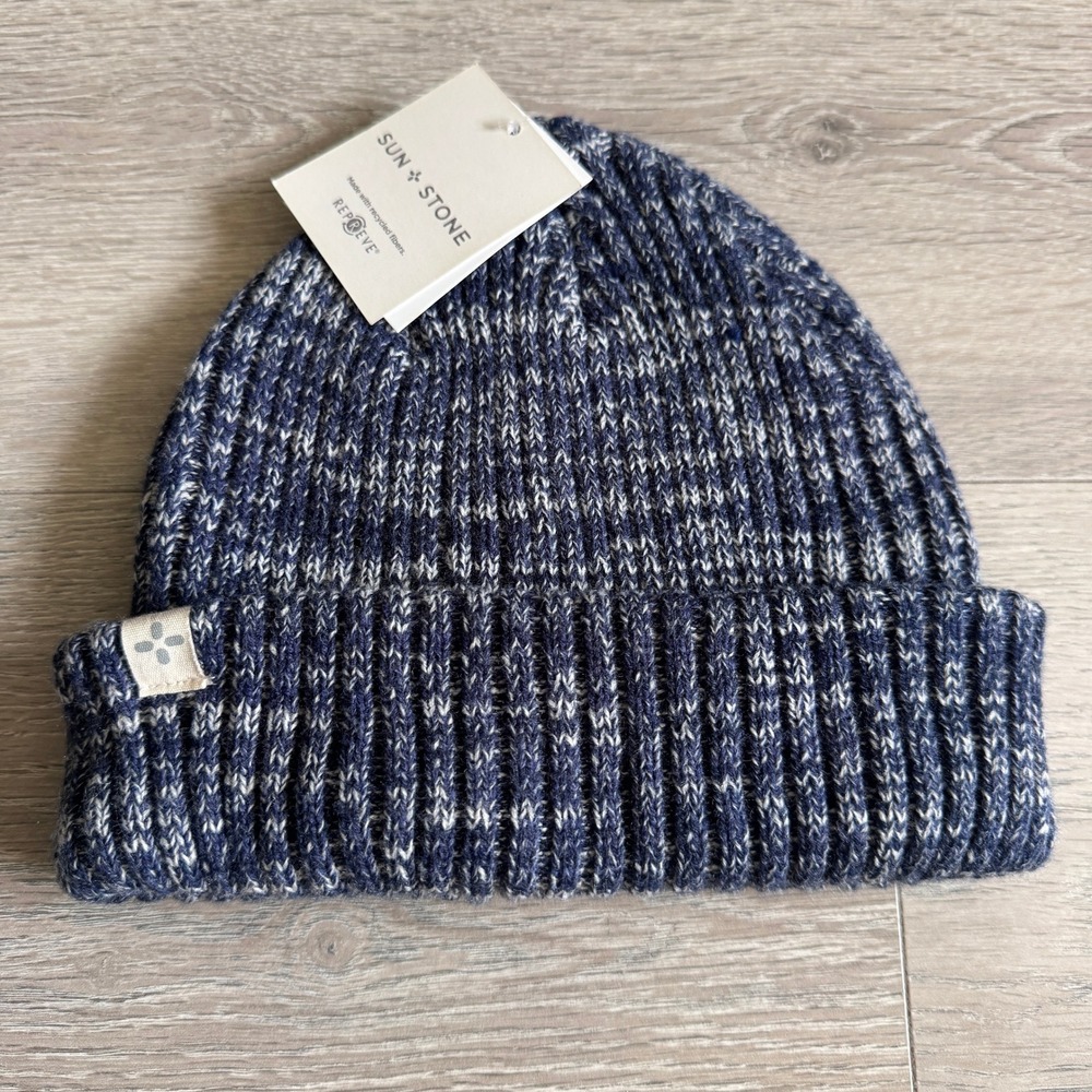 Sun + Stone Navy Marled Low Profile Cuffed Ribbed Knit Beanie Hat NWT